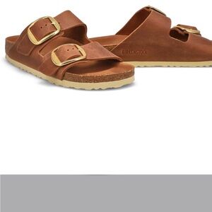 Birkenstock BIG BUCKLE COGNAC Leather Sandals with Gold Accents